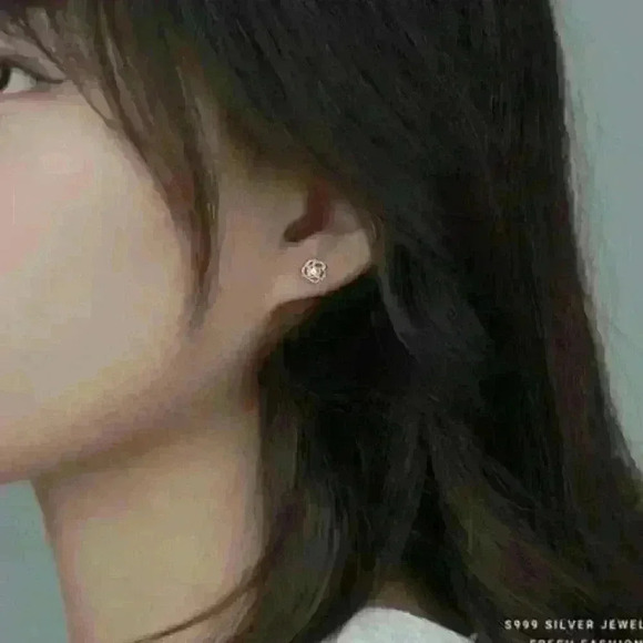 Dainty Small Sterling Silver 925 Rose Stud Earrings with Sparkling Center Stone - Picture 4 of 6